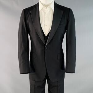 PAUL STUART Size 38 Regular Black Wool Notch Lapel 3 Piece Tuxedo